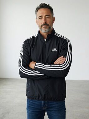 adidas Black Windbreaker Jacket with White 3-Stripe Detailing